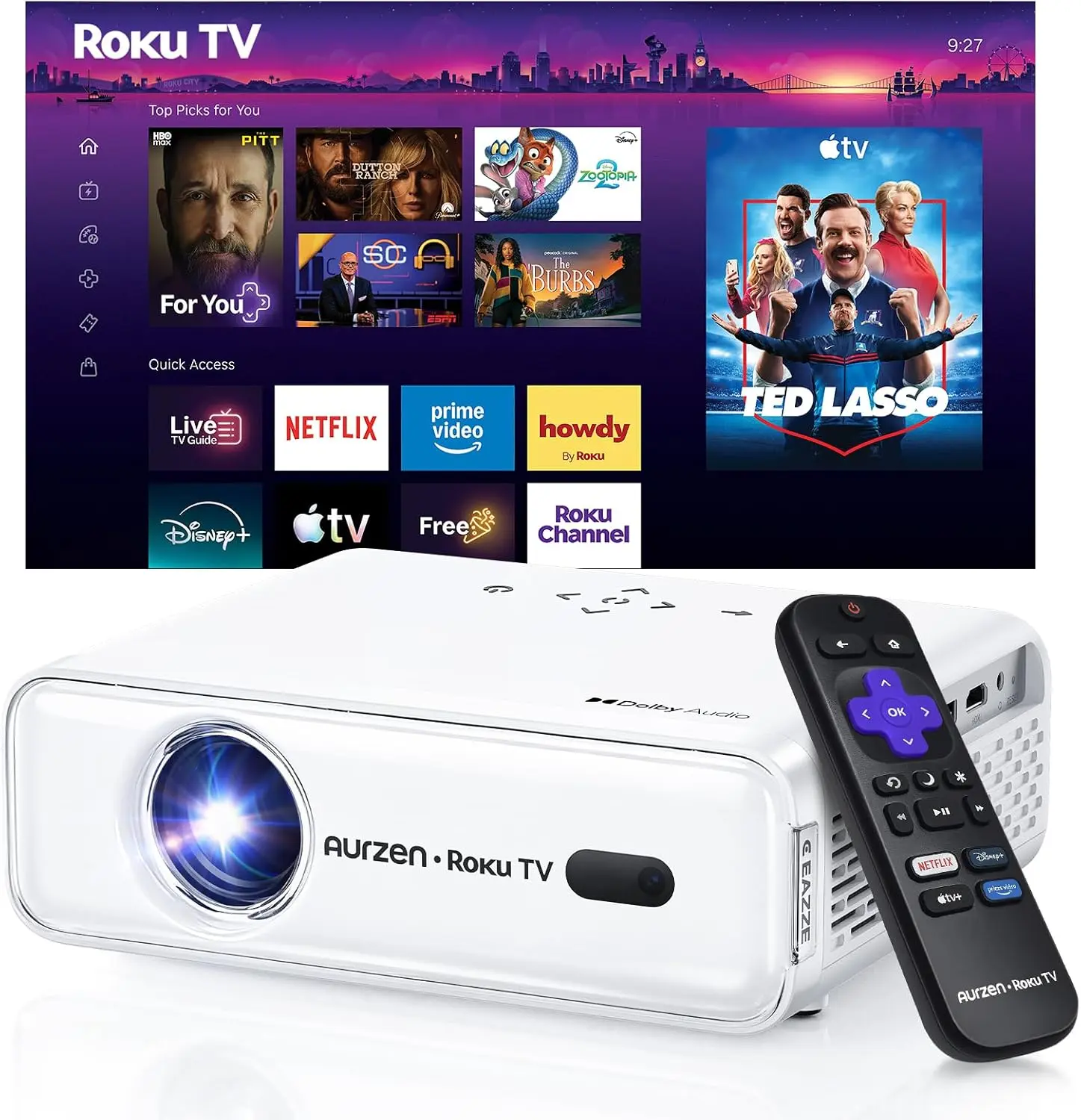 Aurzen Roku TV D1R Smart Portable Outdoor LCD Projector, 1080P FHD, 200 Lumens, WiFi, Bluetooth, Built-in Roku TV, All Top Apps, Dolby Audio, Auto Focus, Keystone, Zoom, Box Packaged, Projector for Bedroom & Home Use