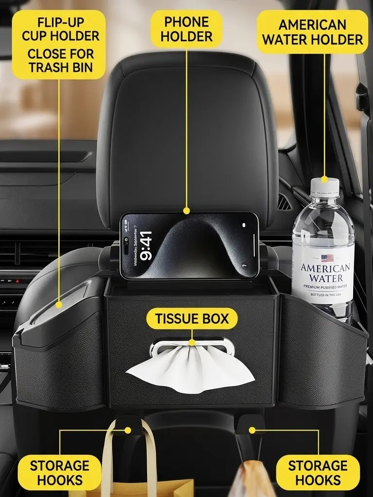 Car storage box - Car seat back hook - Car cup holder and seat back storage box - Multifunctional organizer