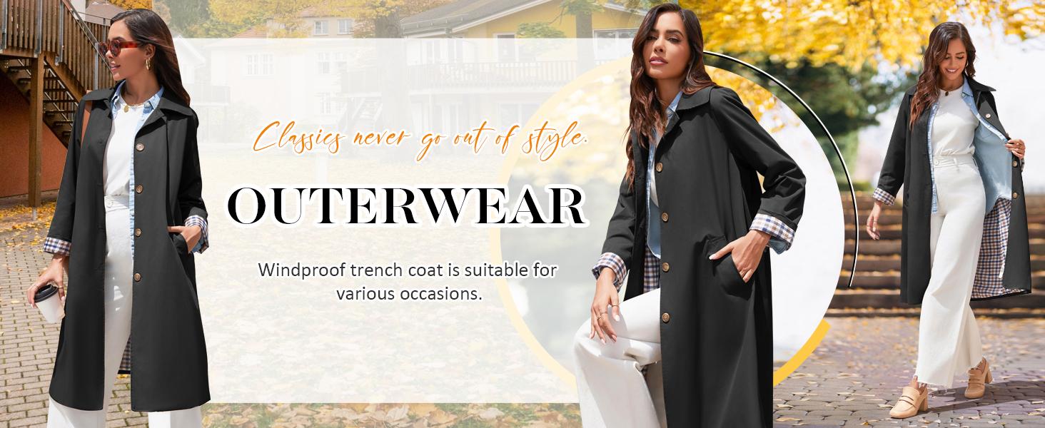 WoodBerry Women's Long Trench Coat Single Breasted Classic Collar Check Lining Oversized Windproof Overcoat Fashion Outerwear WoodBerry Women's Long Trench Coat Single Breasted Classic Collar Check Lining Oversized Windproof Overcoat Fashion Outerwear