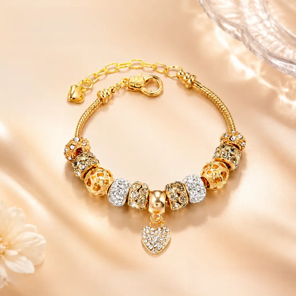 Gold Modular Charm Bracelet for Women, Adjustable 18K Gold Plated Snake Chain with Crystal Heart Pendant & DIY Spacer Beads, Light Luxury Stackable friendship Bracelet for Valentine's Day Birthday Jewelry Gift, Non-Tarnish Alloy Bangle