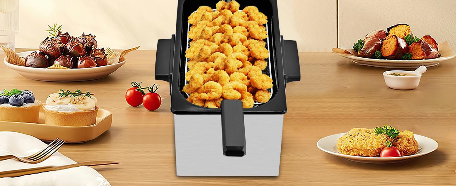Pukomc Fryer with Basket 1500W Electric Fridge 3.1QT Non-Stick Pot 1-2 Person Deep Fryer with Viewing Window & Adjustable Temp Control Easy Clean Cooker Household Appliances
