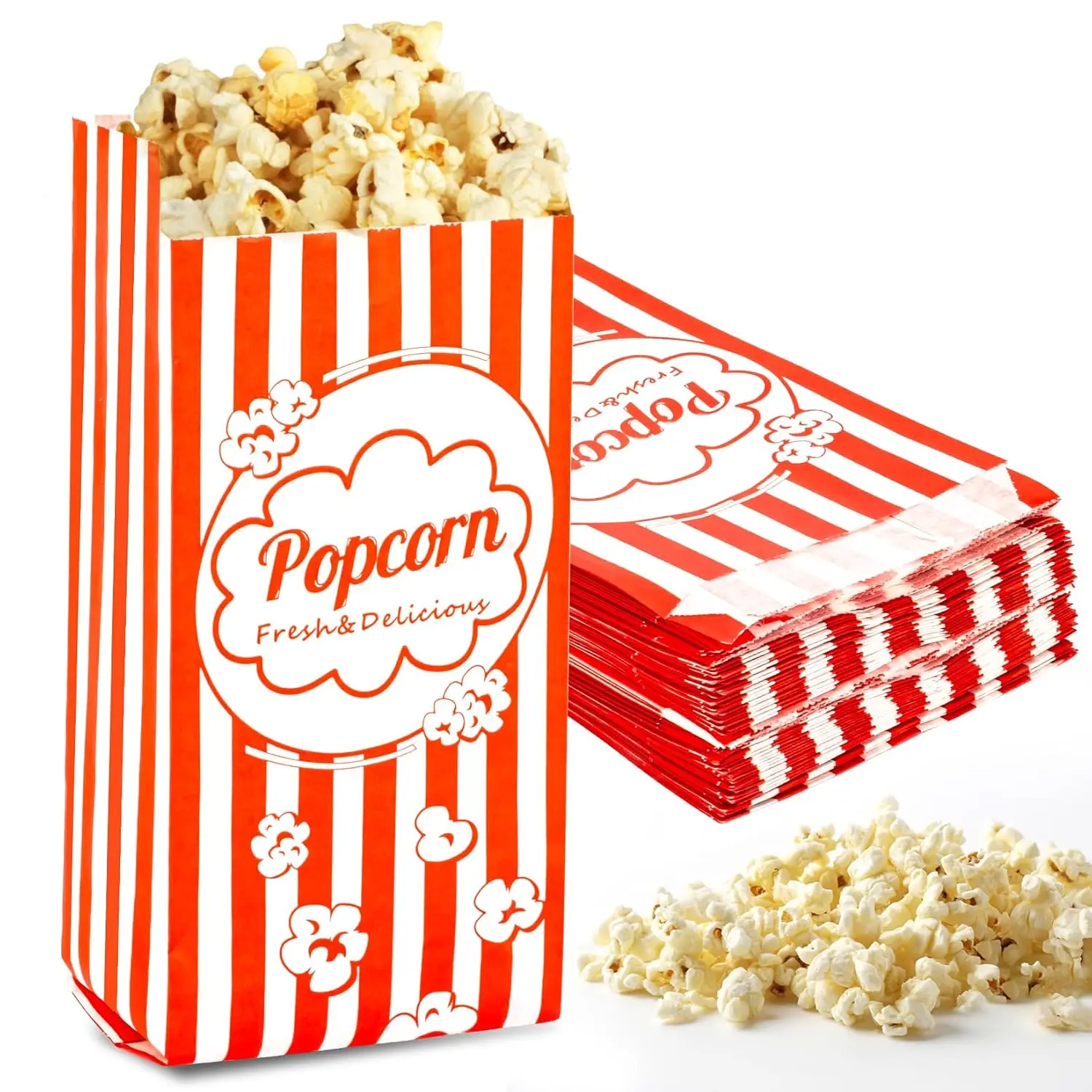 Retro Stripe Disposable Food-Grade Greaseproof Rectangular Popcorn Bags (21x9cm, 100-Count Bulk) - Non-Toxic DIY Popcorn Supplies, Circus Themed Disposable Tableware Sleeves for Movie Night, Christmas Parties