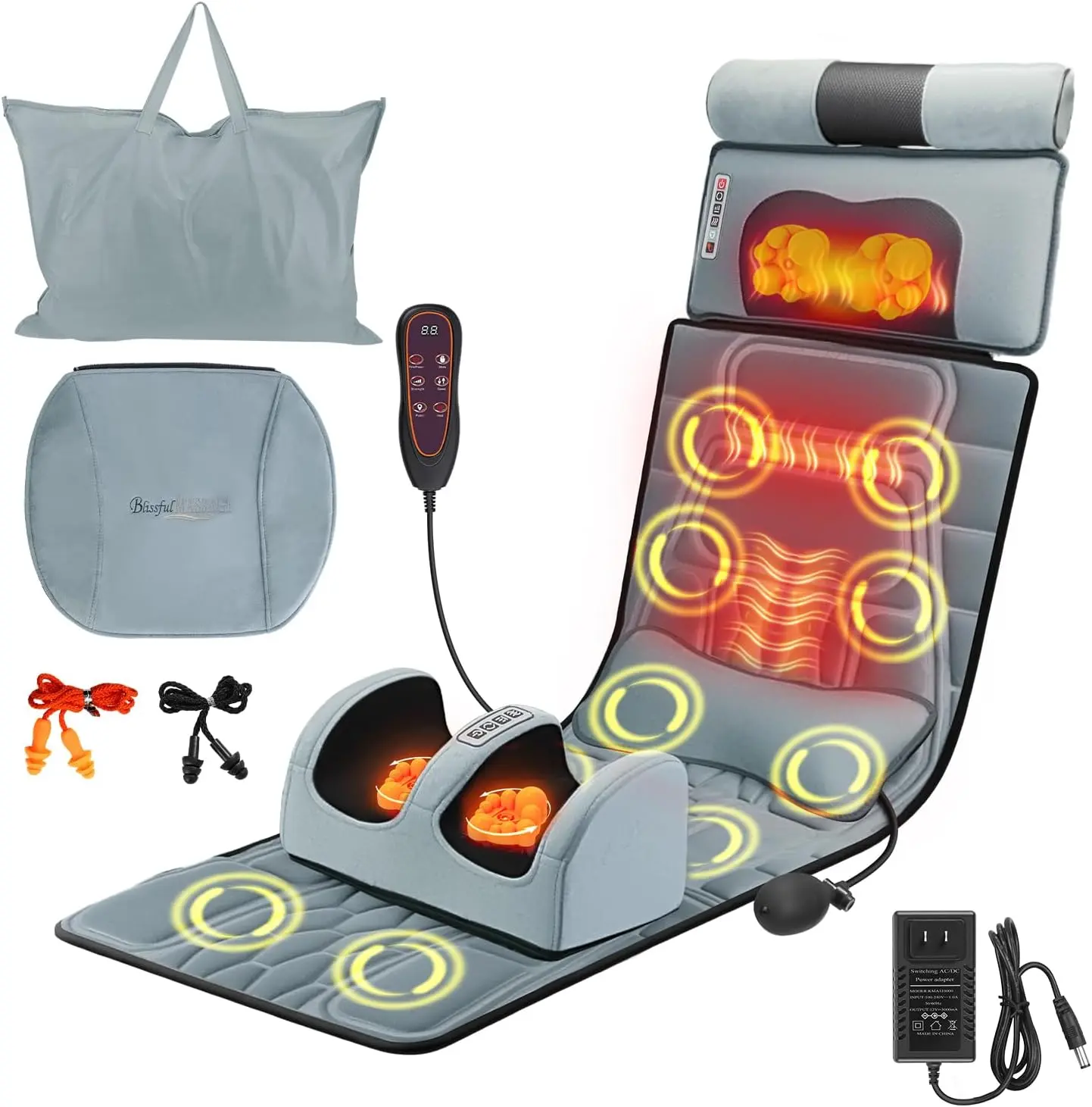 Full Body Massage Mat, Electric Body Care Machine with Soft Velvet-Polyester-Cotton Fabric, Detachable Neck-Foot Massagers, 10 Vibration Modes, 3 Strength Levels, Heating Back Pad, Multi-Point Relaxation, Head/Lumbar Pillows, Timer & Storage, Parent Gift