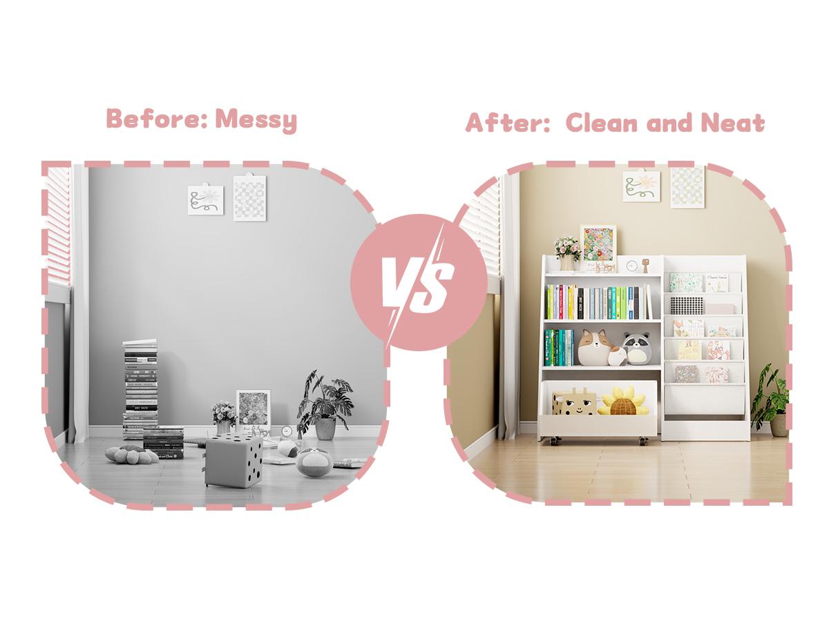 4-Tier Rolling Toy Storage Cabinet for Kids, 5 Layer Sling Toddler kids furniture,Baby Furniture Book Rack,Book and Toy Organizer Cabinet  with Wheels , White.