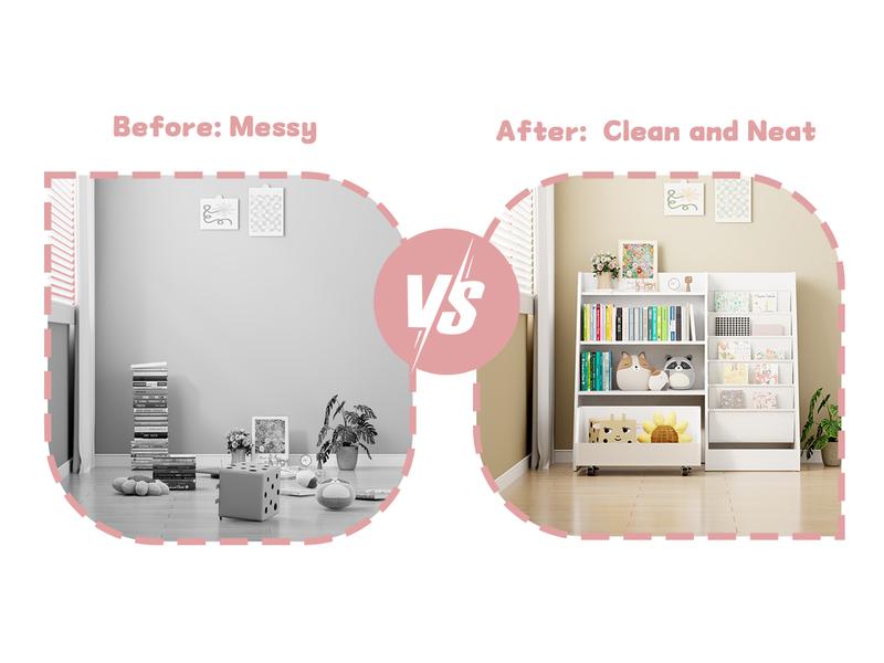 4-Tier Rolling Toy Storage Cabinet for Kids, 5 Layer Sling Toddler kids furniture,Baby Furniture Book Rack,Book and Toy Organizer Cabinet  with Wheels , White.