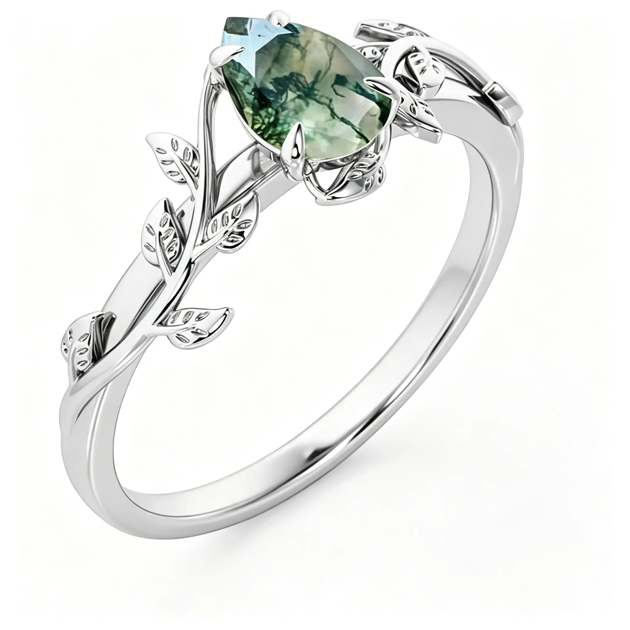 Women's 925 Sterling Silver Natural Green Moss Agate Ring for Promise Engagement Wedding