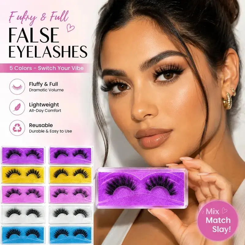 Fluffy Faux Fox Fur False Eyelashes, 10 Pairs 5 Styles, Super Thin Vegan Fiber, for Natural Voluminous Look, Daily Makeup & Wedding Use, Lash Clusters