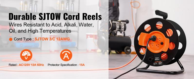 VEVOR Extension Cord Reel,  100FT, with 4 Outlets and Dust Cover, Heavy Duty 12/14 AWG SJTOW Power Cord, Manual Cord Reel with Portable Handle Circuit Breaker, for Toolshed Garage, Tested to UL Standards