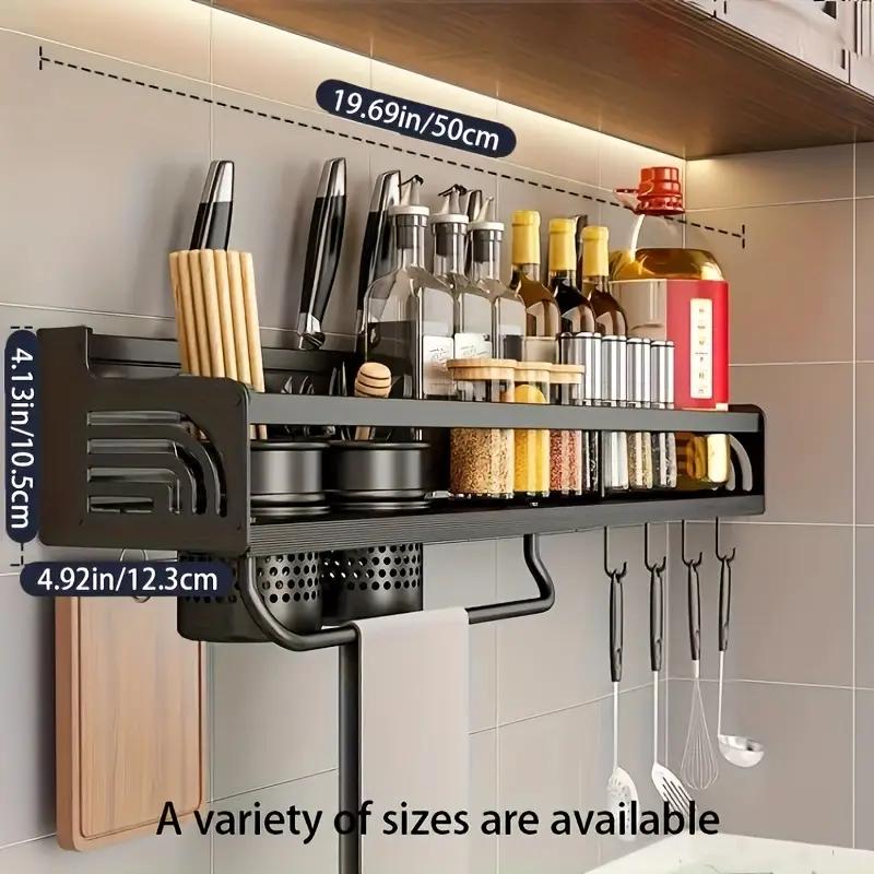 Bepatio Space Saving Wall-Mounted Kitchen Spice Rack – No-Drill Carbon Steel Shelf with Hooks for Utensils, Lids, and Seasoning Jars