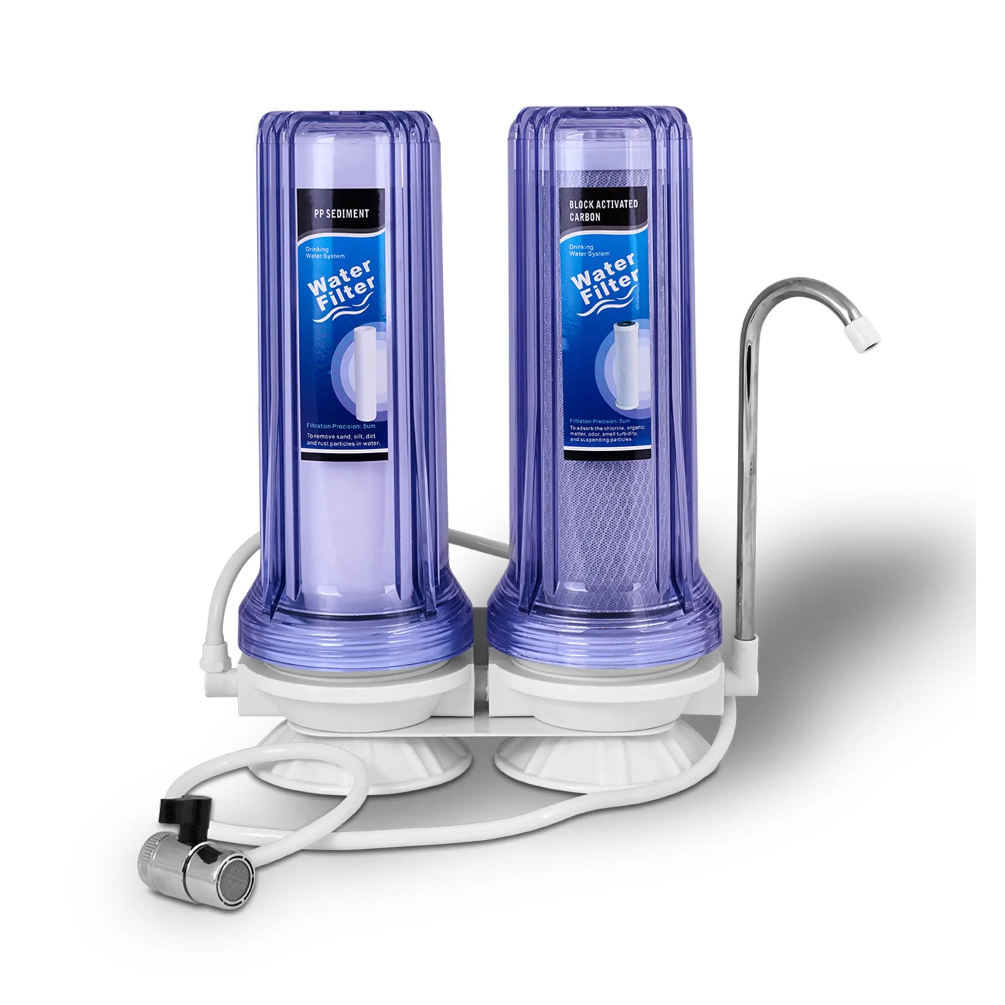 Countertop Drinking Water Filtration System Removes Chlorine with Block Activated Block Filter, Transparent Housings (Two Stage)
