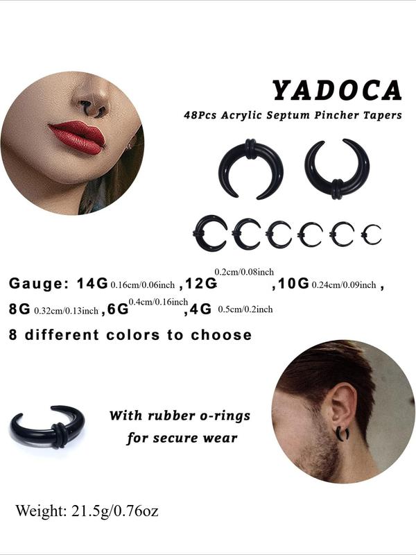 48Pcs Acrylic Septum Stretching Kit 14G 12G 10G 8G 6G 4G Septum Ring C Shape Buffalo Pincher Septum Gauge Kit Piercing Jewelry With Black O-Rings For Stretching Pierced Nose Ear Cartilage Nose Rings Hoops