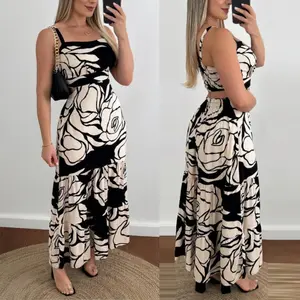 Women's Floral Print Square Neck Sleeveless Backless Dress Casual Hollow-out Flowy A Line Maxi Dress Womenswear Summer