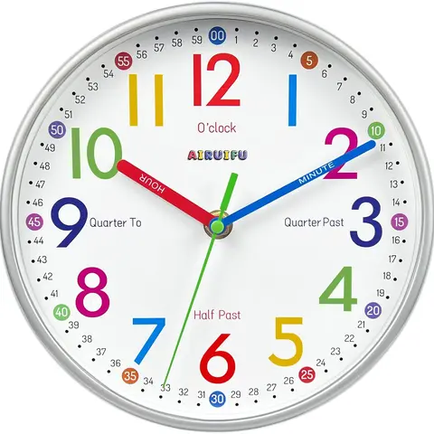 AIRUIFU 8 In Modern Circular Wall Clock - Silent Non-Ticking, AA Battery Operated, Glass Face with Colorful Numbers, Hook-Included Home Decor Items for Kids' Rooms, Bedroom Accurate Read on Time Wall Decor