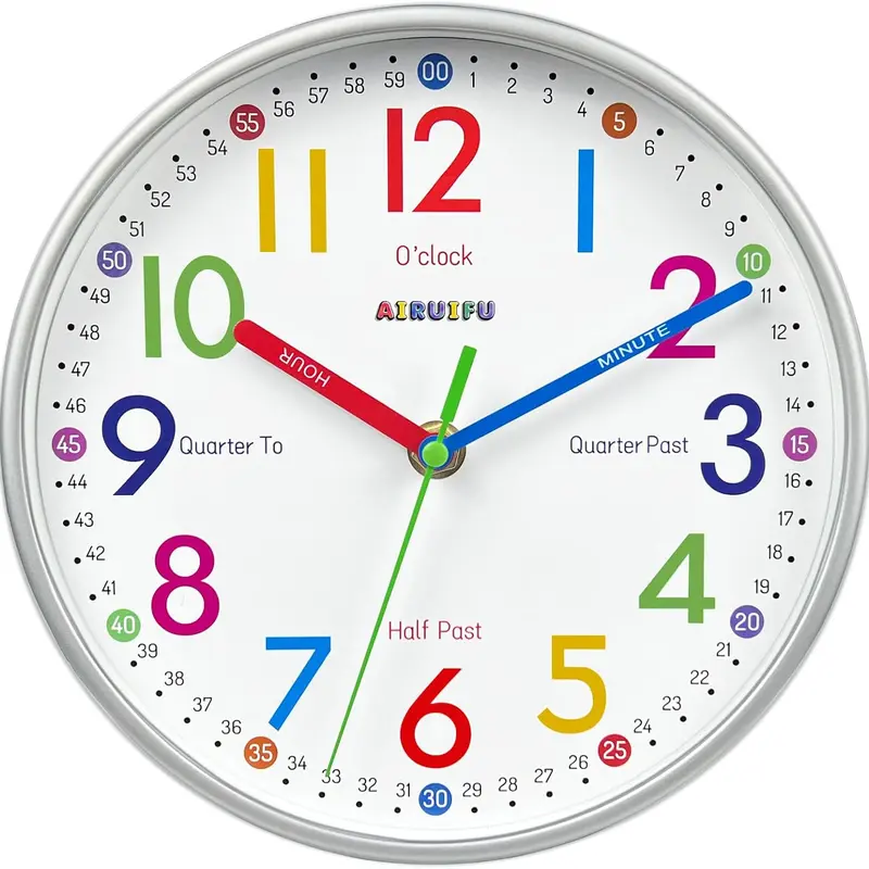 AIRUIFU 8 In Modern Circular Wall Clock - Silent Non-Ticking, AA Battery Operated, Glass Face with Colorful Numbers, Hook-Included Home Decor Items for Kids' Rooms, Bedroom Accurate Read on Time Wall Decor