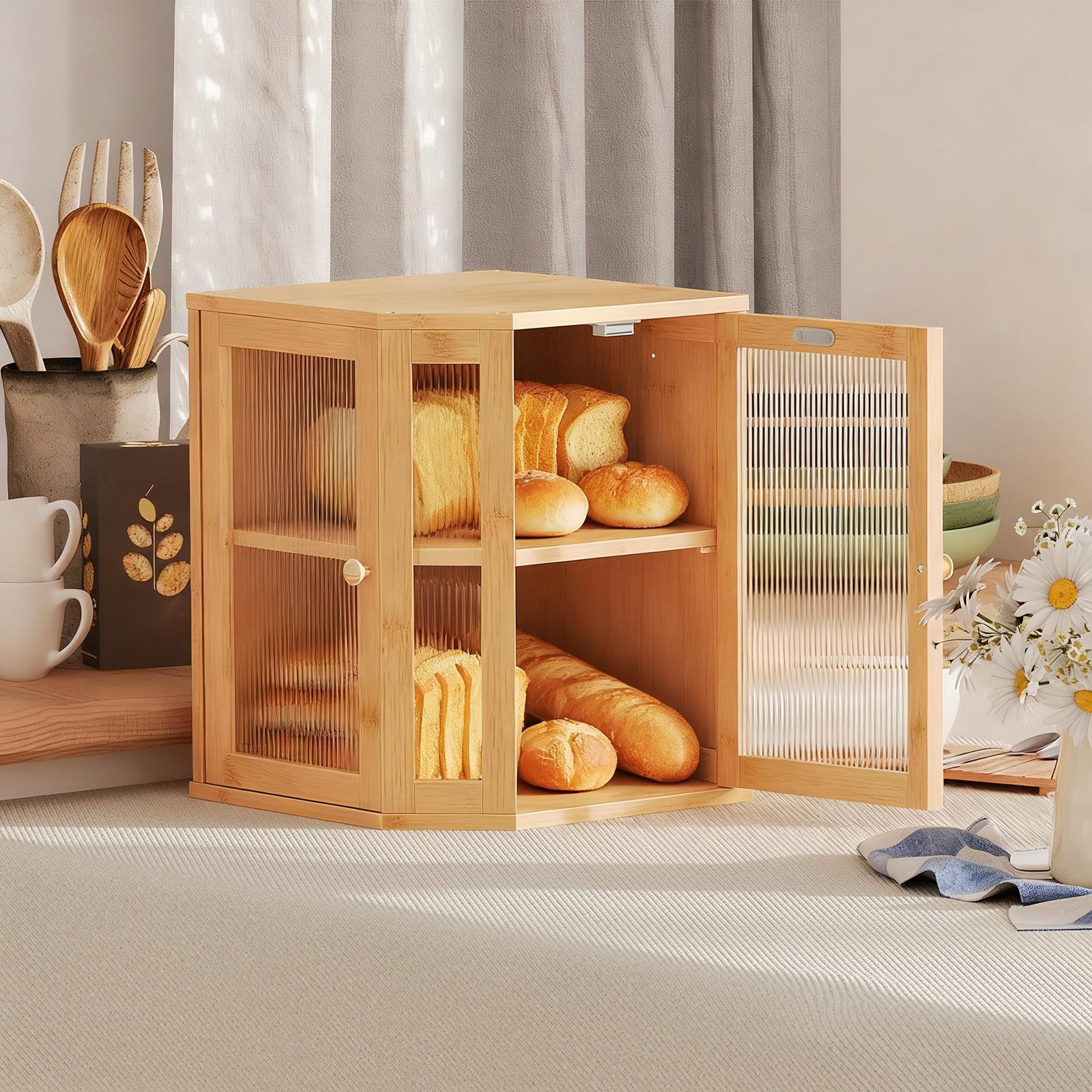 HOOBRO 2-Tier Bamboo Bread Box Kitchen Countertop Corner, Large Capacity Storage Container with Dual Rippled Acrylic Doors for Fresh Bread & Food Utensils