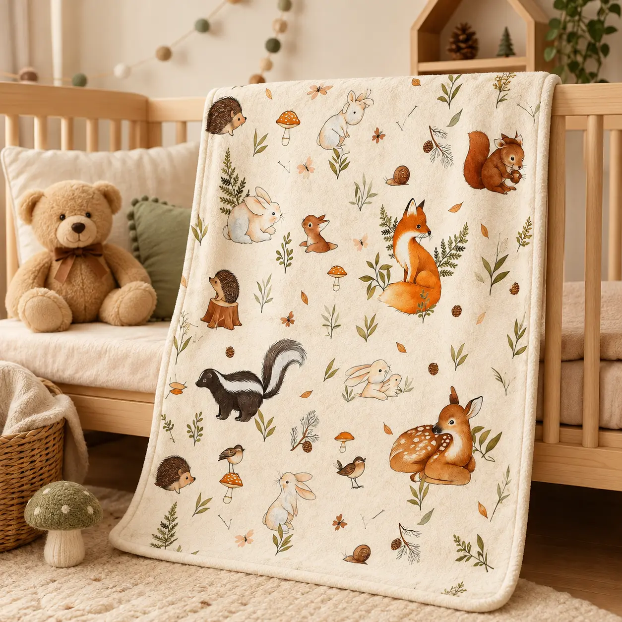 Cream Woodland Forest Creatures Soft Flannel Throw Blanket - Fox, Hedgehog, Squirrel, Deer, Skunk, Rabbit, Mushroom Design - Warm Plush for Kids Nursery, Cottagecore Bedroom - Ideal Baby Shower Gift