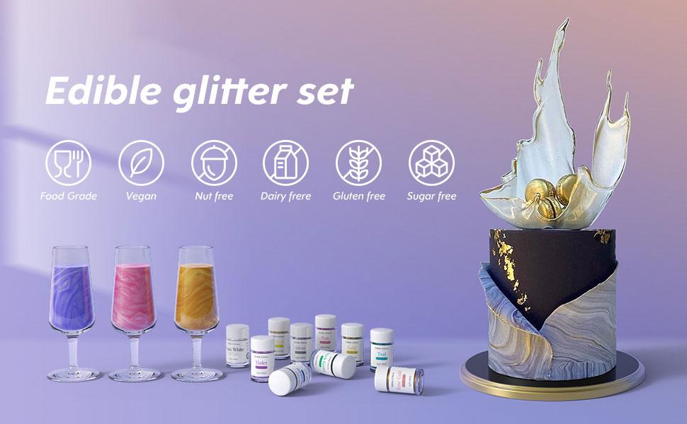Edible Glitter, Food Coloring Set 10 for Drinks, Wine, Beer, Cocktails, Strawberries, Cakes, Cupcakes, Chocolate Pretty Water Glitter Cake- 5g/bottle