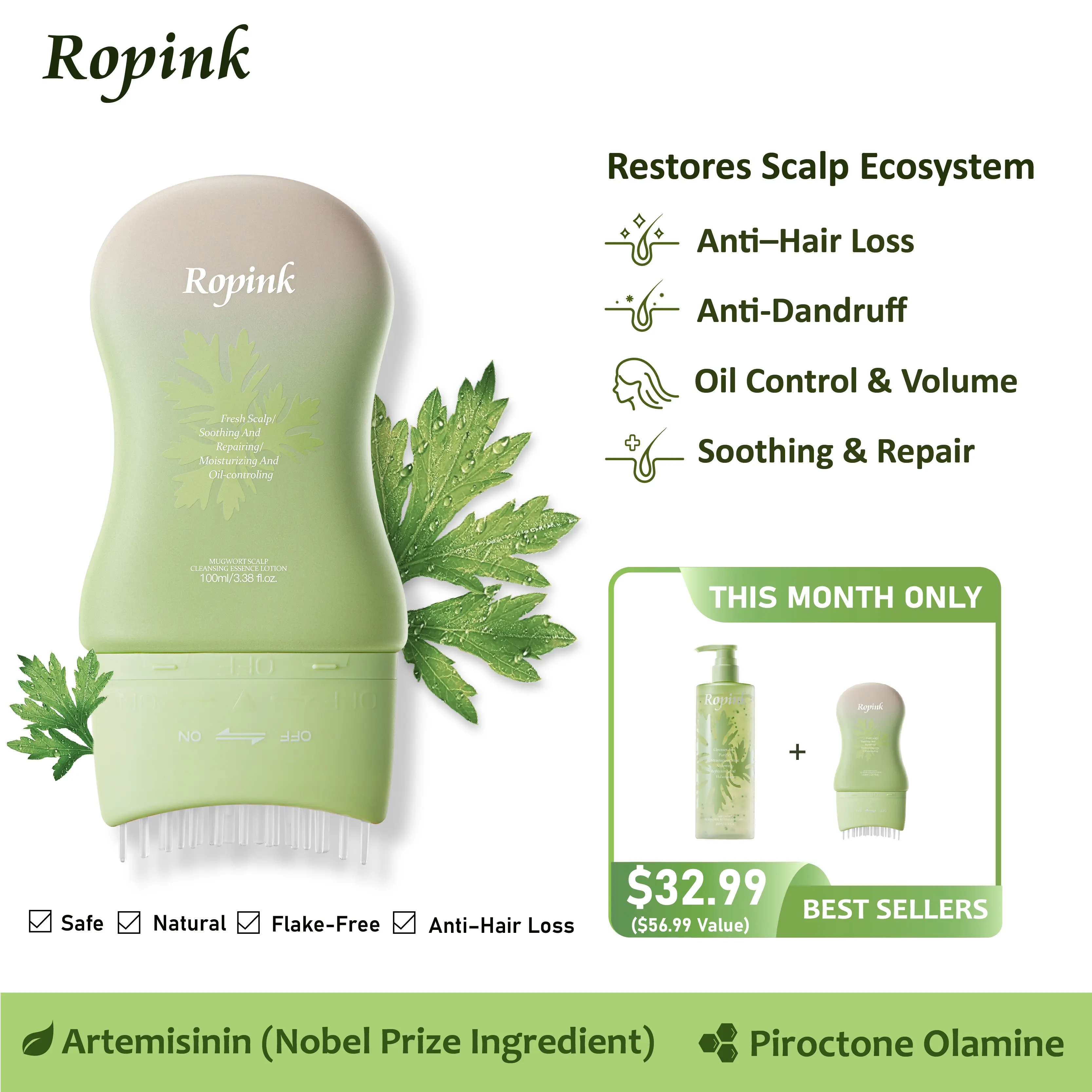 Ropink Mugwort Scalp Detox | 10% Bifida Ferment & OCT Anti-Dandruff Pre-Wash | Soothing Cleanser with Silicone Massage Tip -2
