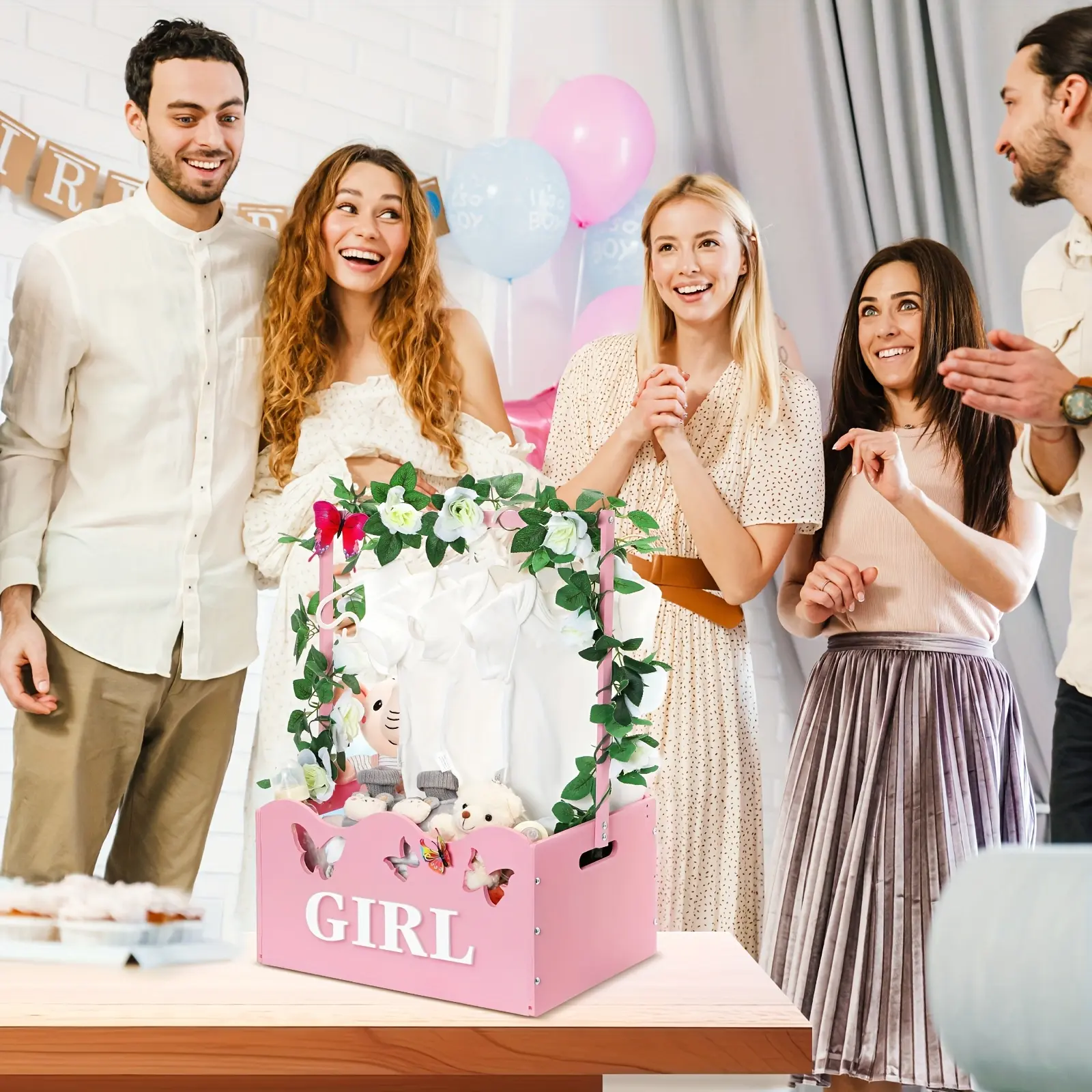 Wooden Crate for Baby Shower Storage Crate Basket with Handle Baby Registry Hamper Pregnancy Gift for New Parent