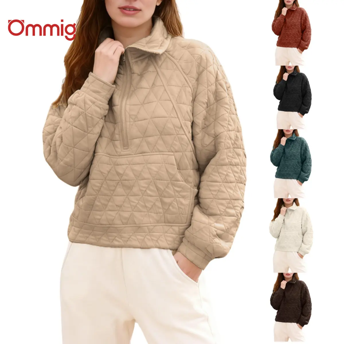 Ommig Women's Half-Zip Quilted Puffer Jacket, Long Sleeve Oversized Pullover, Lightweight Long Casual Fall Outerwear with Kangaroo Pocket