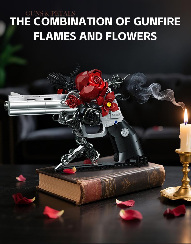 Guns & Petals Building Set Revolver Model Desktop Decoration Gothic Dark Romantic Style Ornament Movable Mechanical Parts Suitable for Home Decor Enthusiasts