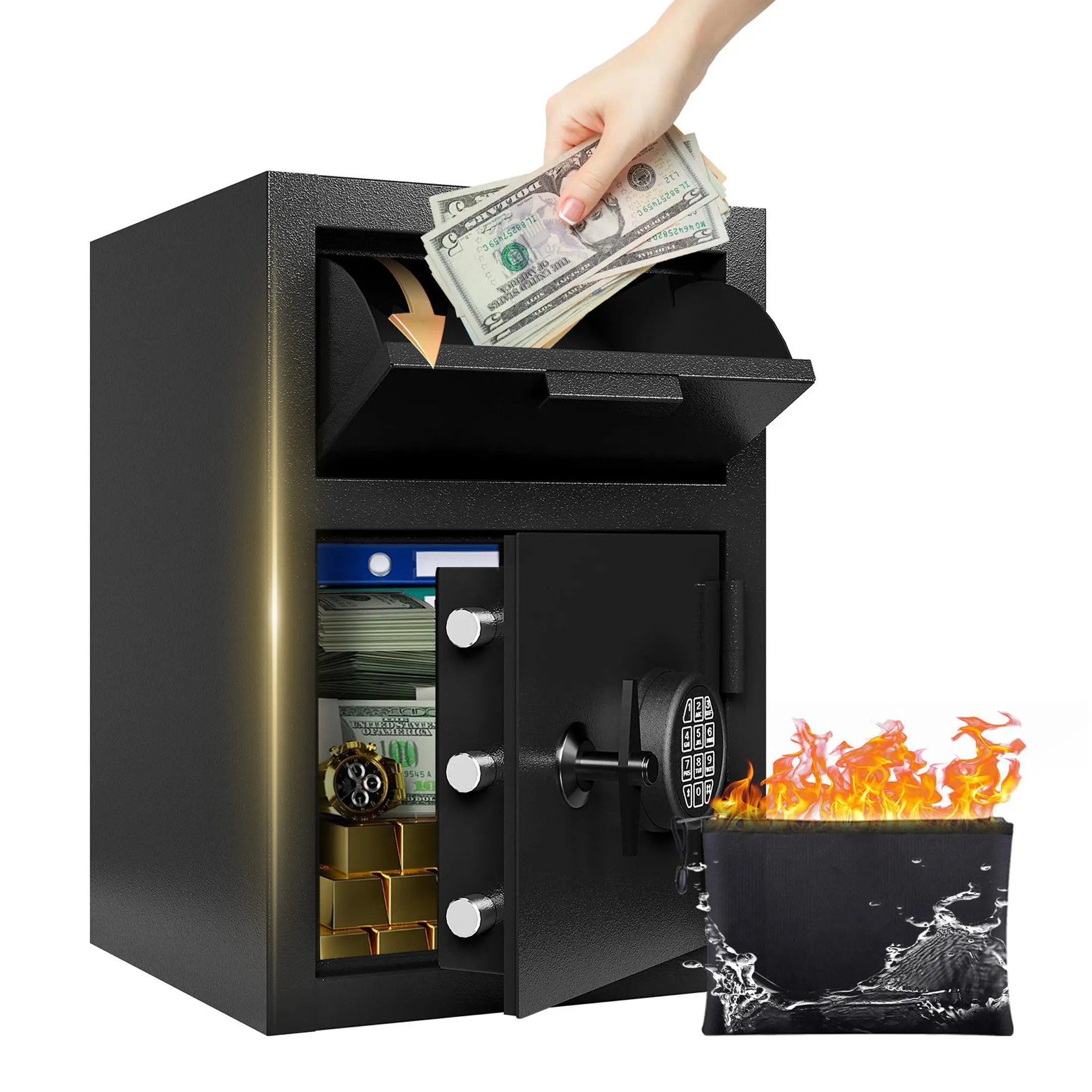2.6 CuFt Commercial Front-Drop Fireproof Safety Safe Box - Anti-Fishing Design, Fireproof Bag, Automatic LED Light, Backup Keys, External Power Supply - Office & Home Commercial Furniture for Cash, Slips Storage (2.6 Cubic Foot Storage Capacity)