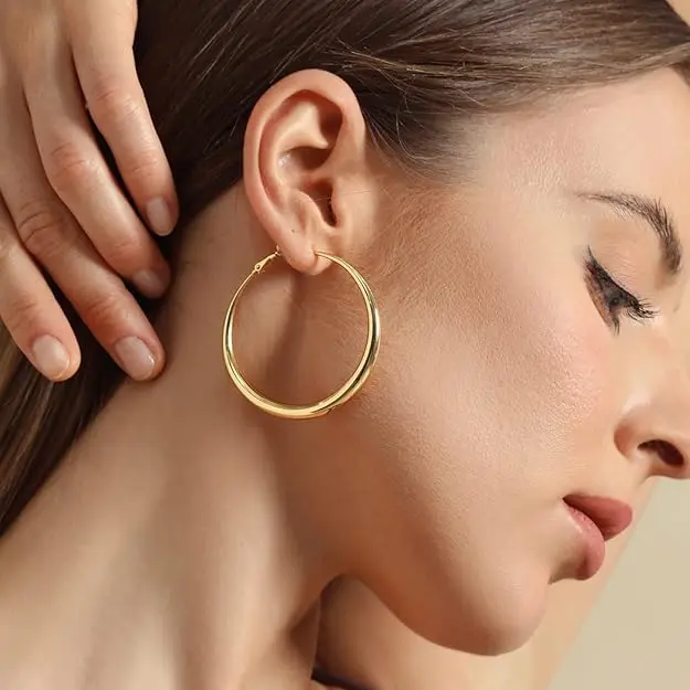 Chunky Hoop Earrings for Women 18K Real Gold Plated Thick Round Gold Hoops Earrings Hypoallergenic Tube Statement Earring Gift Thinner At The Top Lightweight