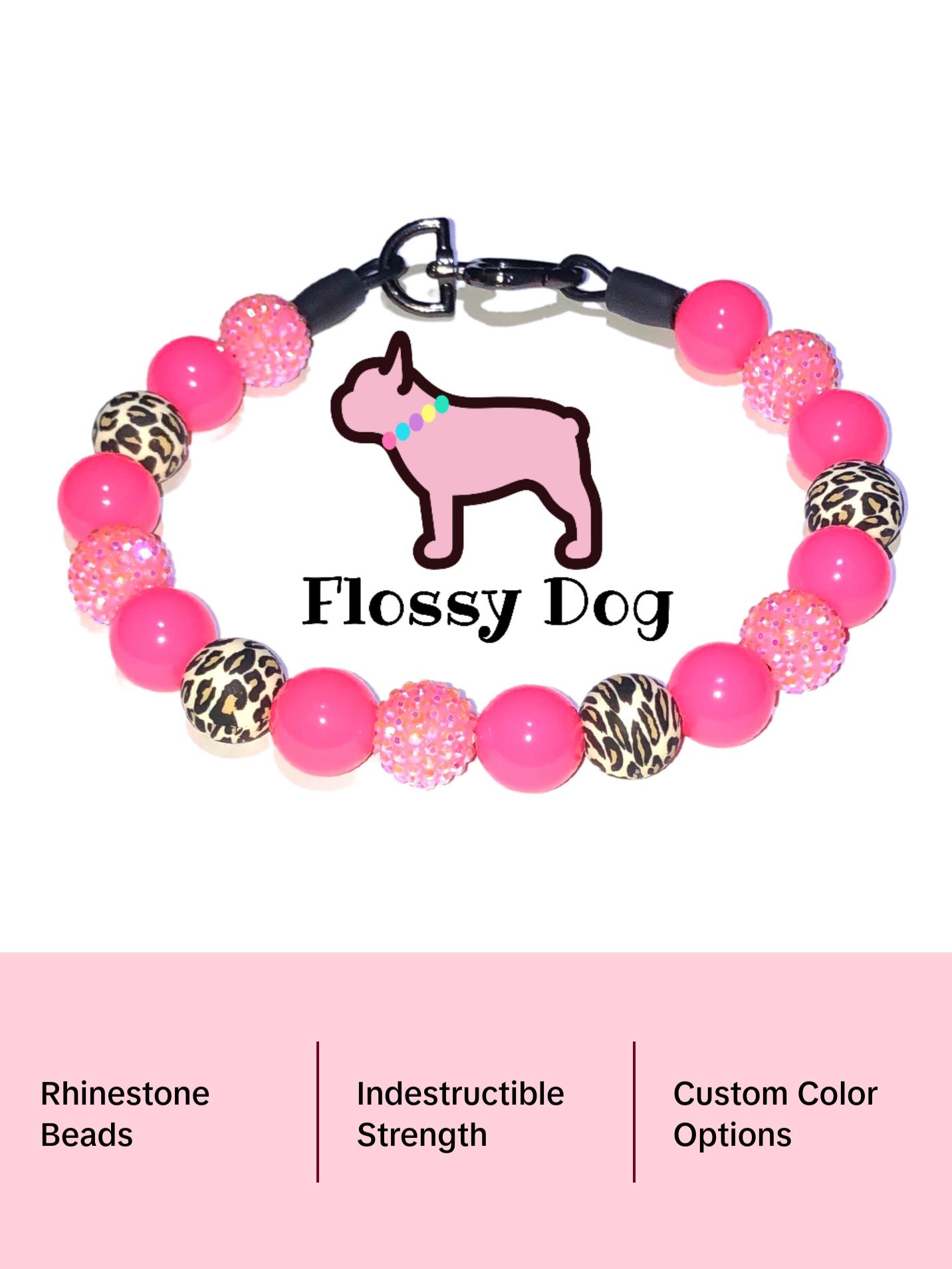 Hot Pink Leopard Print Beaded Dog Collar | Durable Dog Necklace | Rhinestone Bead Collar For Dogs