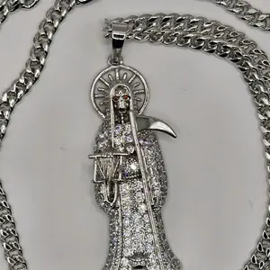 Santa Muerte Necklace 2.5" Silver Plated High Quality Laminated Finish with 55cm 4mm Chain