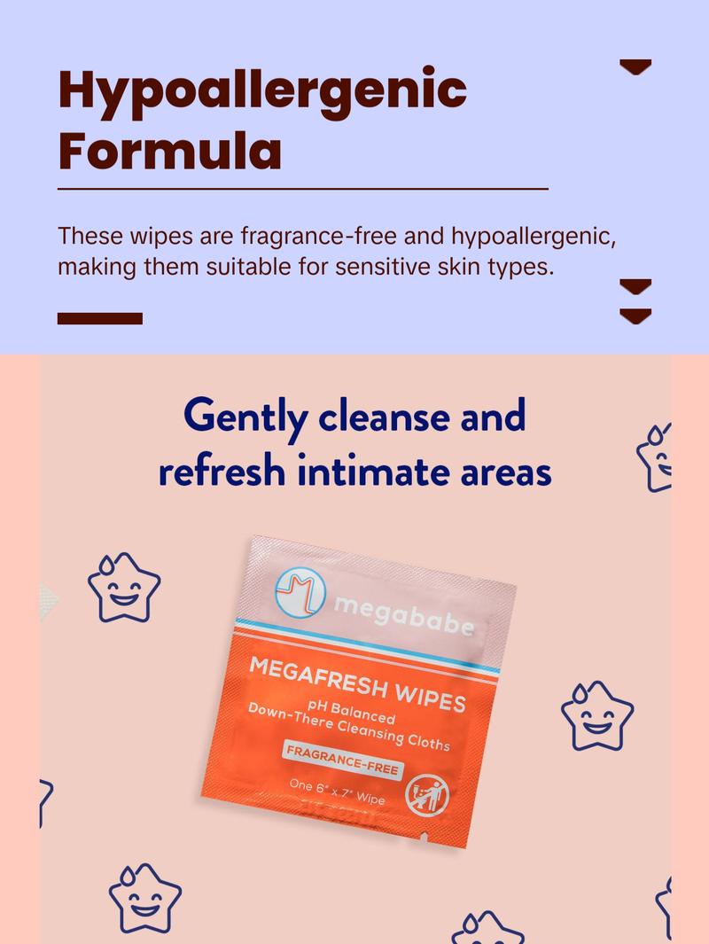 Megababe Megafresh Wipes | Unscented Cleansing Wipes for the Intimate Area | pH Balanced, Front & Back Use | 16 Individually Wrapped Wipes (Pack of 1)