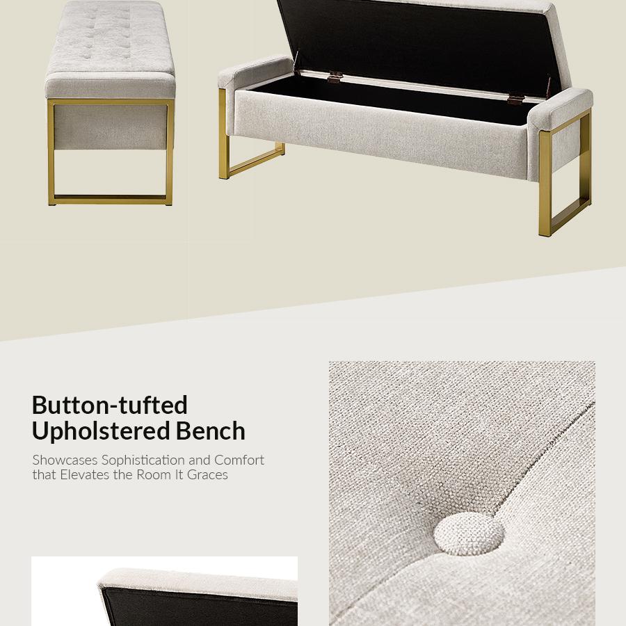 Hulala Flora Modern Upholstered Flip Top Storage Bench, button tufted top, sturdy metal frame, gunmetal finish, sufficient storage space, flip-top mechanism, end-of-bed bench, for living room, bedroom and entryway