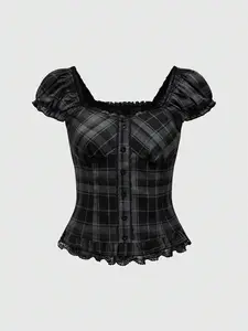 RES Goth Plaid Shirt | Lace Hem & Puff Sleeve Gothic Top - Gathered Waist Victorian Style Blouse for Women