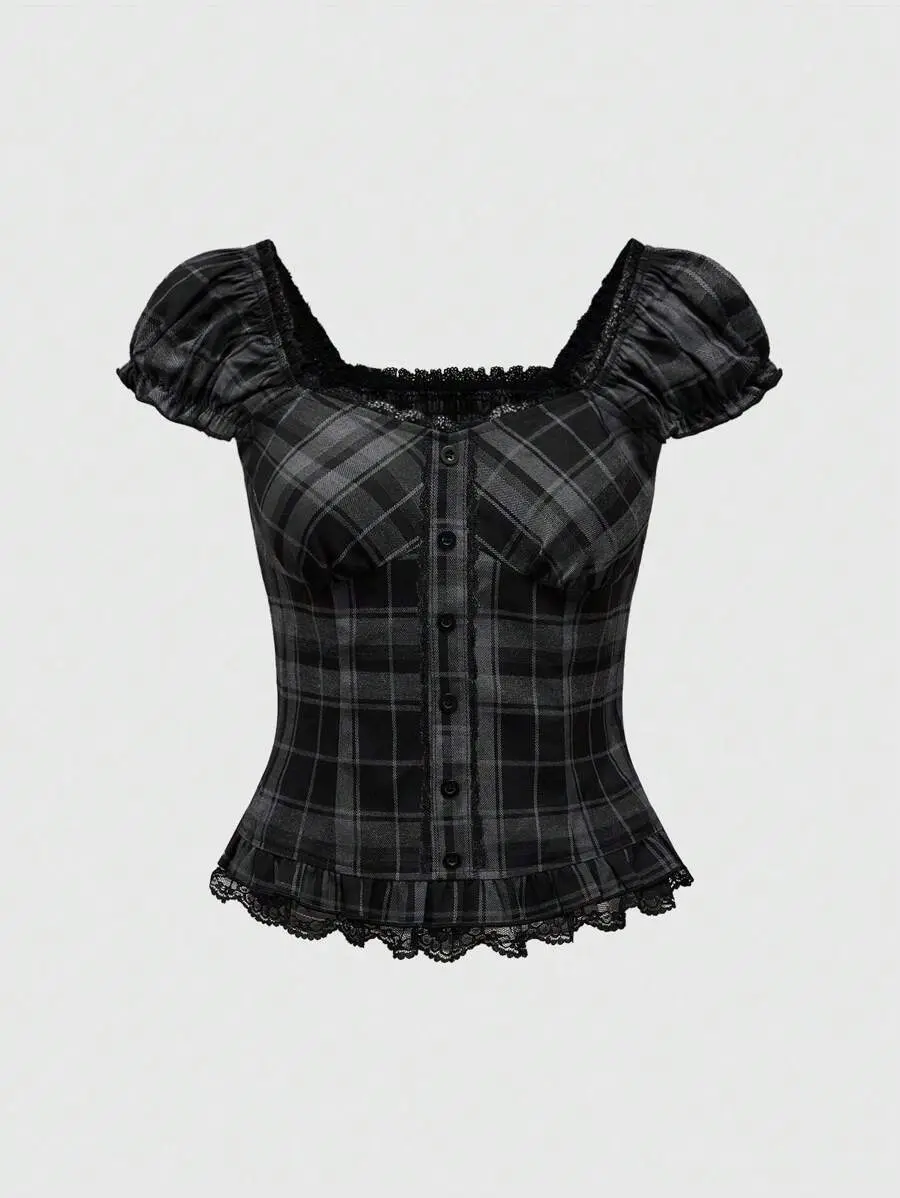 RES Goth Plaid Shirt | Lace Hem & Puff Sleeve Gothic Top - Gathered Waist Victorian Style Blouse for Women
