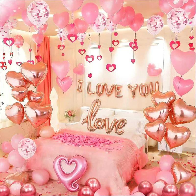 Valentines Day Balloons Kit with I Love You Balloons, 1000pcs Rose Petals and Heart Hanging for Anniversary Wedding Romantic Decorations Special Night