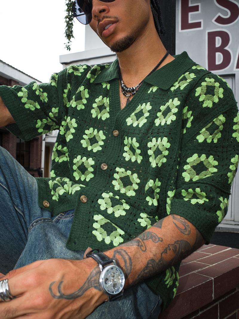 Men's Summer Cool Knitted Short-Sleeve Shirt Baby Blue Boho Vacation Casualwear Loose Fit Collared Button Closure All-Over Print