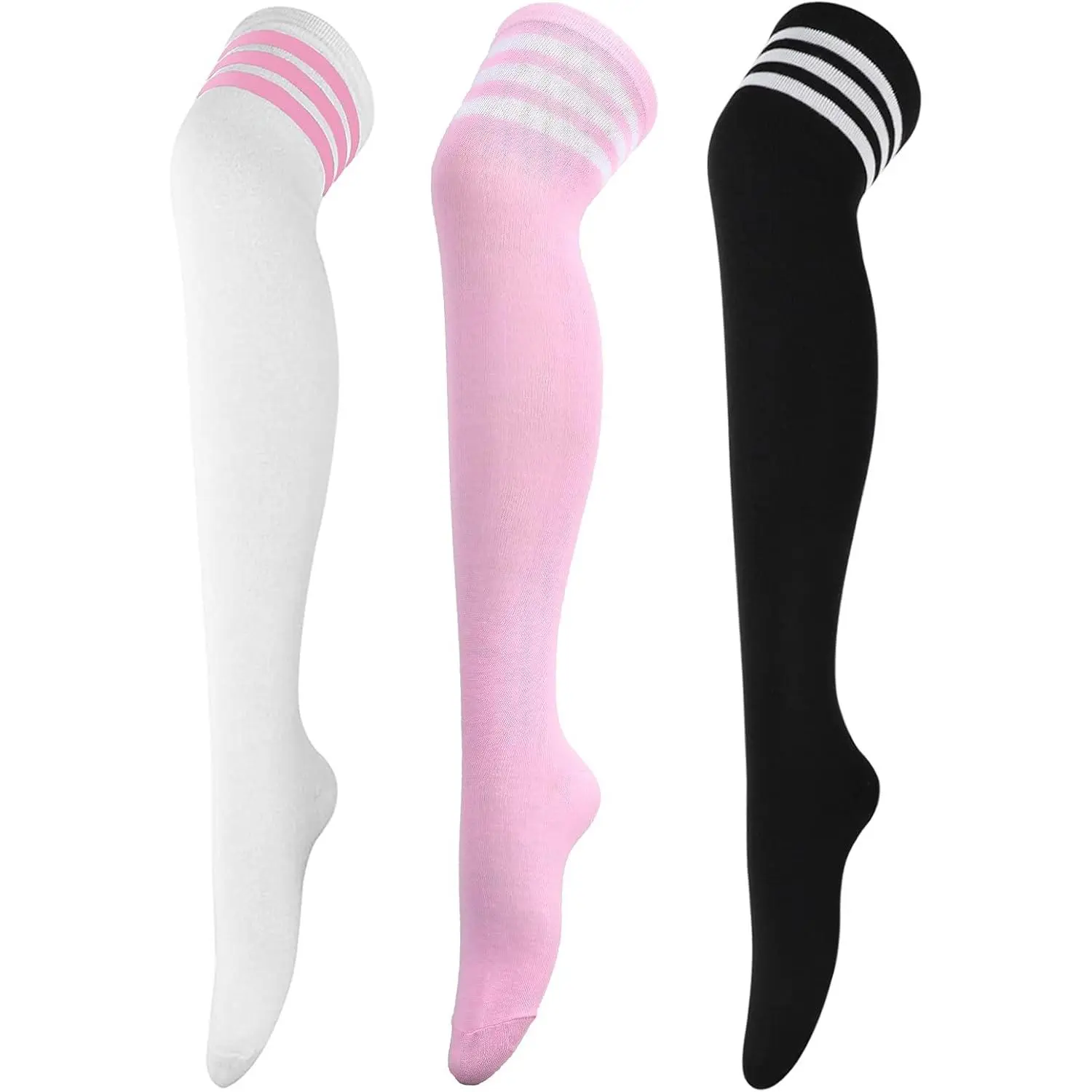 3 Pairs Thigh High Socks Striped Over  Thin Tights Long Stocking  High  Warmer