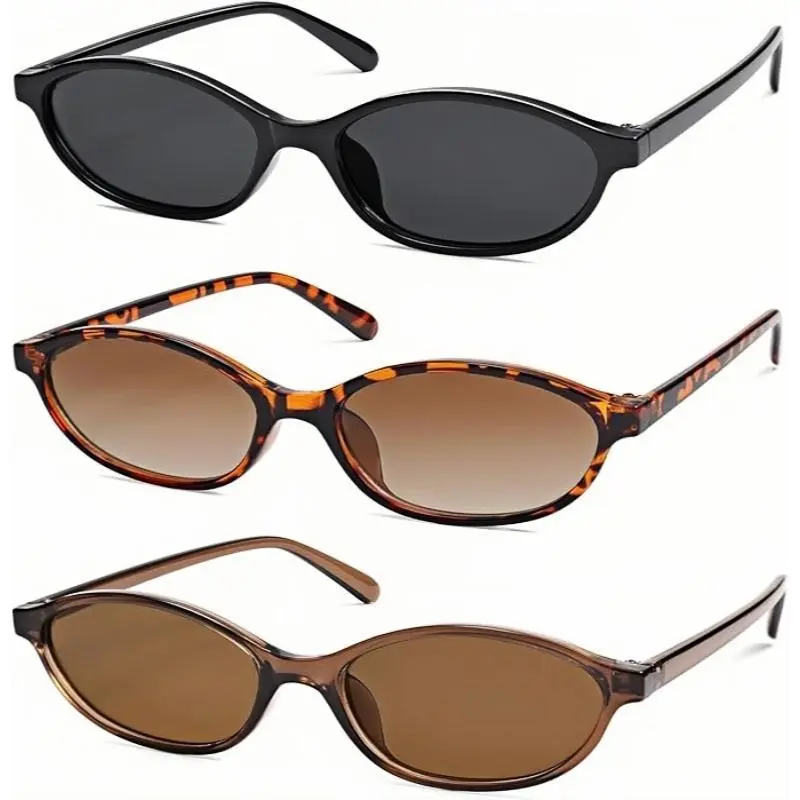 ShineThru Women's 3 PCS Retro Oval Sunglasses, Chic Cat Eye 90s Sunnies with Lightweight Frames, Narrow Shades, UV Protection, Vintage Rich Look