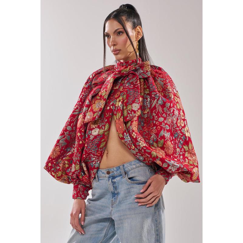 ETHEREAL FLORAL PUFF SLEEVE BROCADE TOP