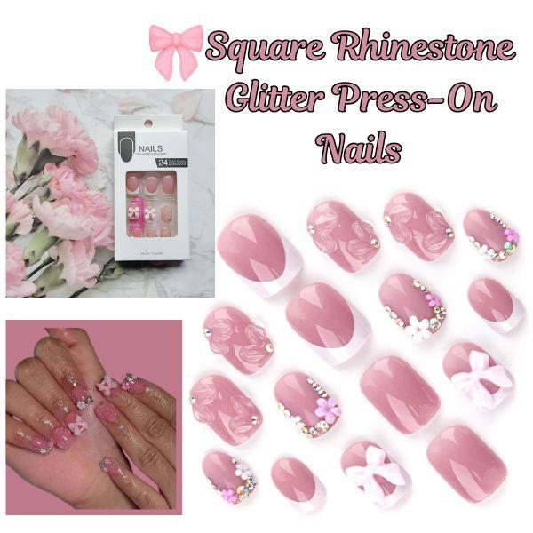 Square Rhinestone Glitter Press-On Nails – 24PCS Pink Short Square French Tip Fake Nails with 3D Flower, Bows & Sparkly Charms, Full Cover Stick-On Nails for Women, Cute Glue-On Nail Set