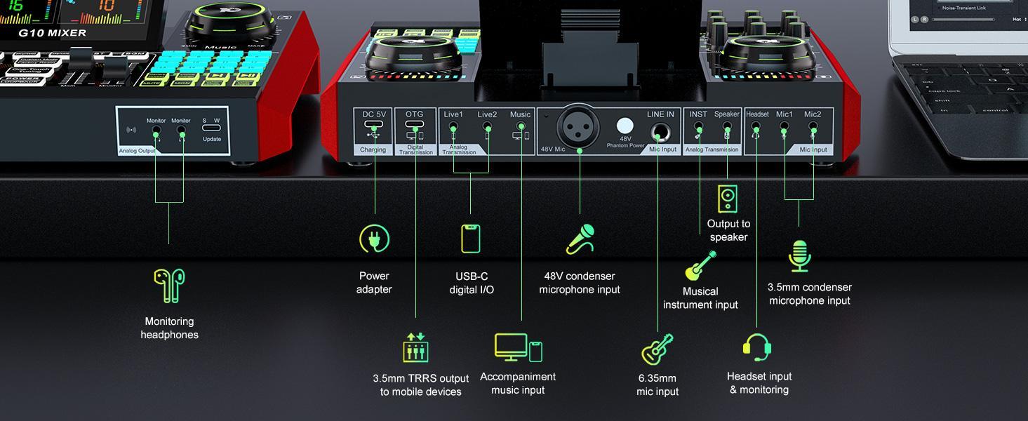 Tenlamp G10-P15 Series Audio Mixer, Live Sound Card with XLR Microphone Connector, Professional Chipset, 48V Phantom Power Supply, One Touch Noise Reduction, One Touch Voice Change for Podcast,Recording,Vocal,Game Voice Tenlamp G10-P15 Series Audio Mixer, Live Sound Card with XLR Microphone Connector, Professional Chipset, 48V Phantom Power Supply, One Touch Noise Reduction, One Touch Voice Change for Podcast,Recording,Vocal,Game Voice