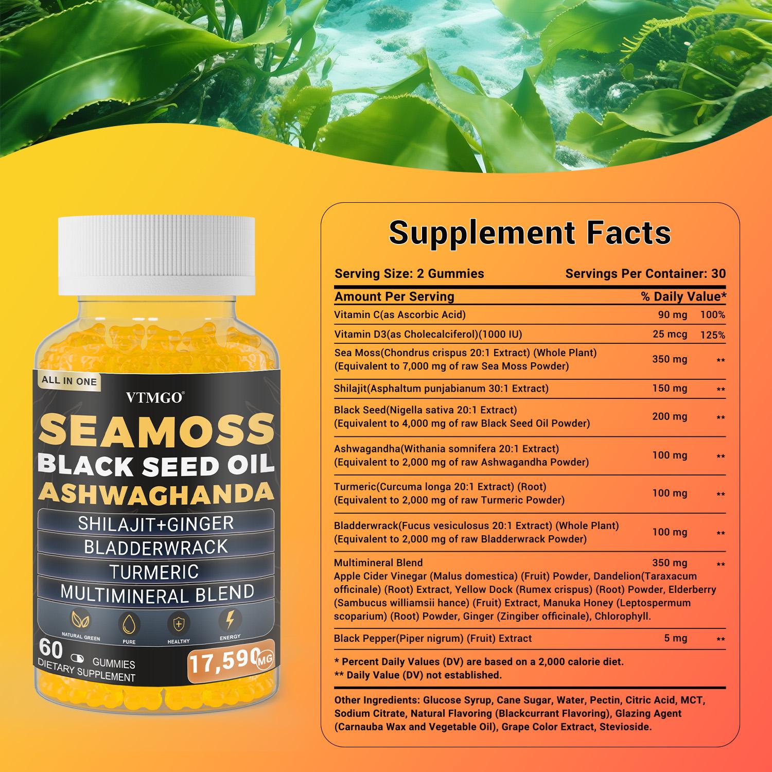 Organic Sea Moss Gummies with Black Seed Oil, Ashwagandha, Shilajit, Ginger, Bladderwrack, Turmeric & Multimineral Blend – Immune Support, Energy, Joint & Thyroid Health – Vegan, Non-GMO, Natural Supplement (60 Count) Organic Sea Moss Gummies with Black Seed Oil, Ashwagandha, Shilajit, Ginger, Bladderwrack, Turmeric & Multimineral Blend – Immune Support, Energy, Joint & Thyroid Health – Vegan, Non-GMO, Natural Supplement (60 Count)