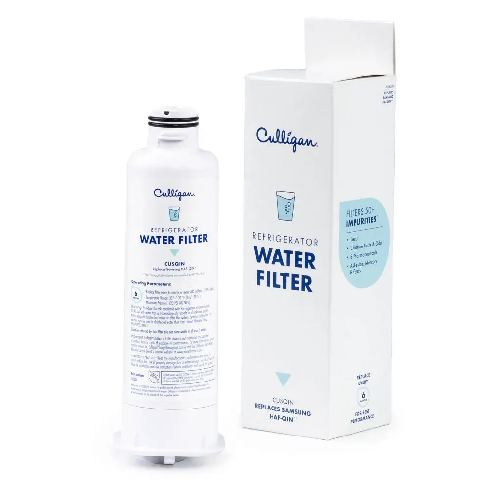 Culligan CUSQIN Cylindrical Activated Carbon Refrigerator Water Filter - Compatible with Samsung HAF-QIN, 0.6 lbs, 7.7x2.2x2.2 in, IAPMO R&T Certified, NSF Certified, Easy Install/Replace, Impurity Removal (Odor, Lead, Chlorine, VOCs, Microplastics), 7.7