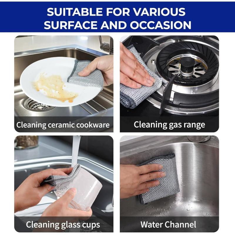 10 Counts Dishwashing Rags 30×30Multipurpose Non-Scratch Wire Dishcloths for Wet and Dry Use, Reusable Wire Cleaning Cloths for Kitchen, Sinks, and Pans Silver Removable, Washable & More Free 5-piece silicone kitchen utensil set (spatula, oil brush, etc.)