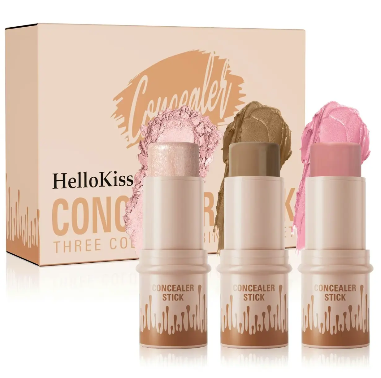 Adult 3-Piece Makeup Stick Kit - Highlighter Cream, Blush, Contour - Long-Lasting, Waterproof, Blendable, Lightweight Compact Cosmetic for Flawless, Sunkissed, Glowing Looks, Dark Skin (Smooth Finish)