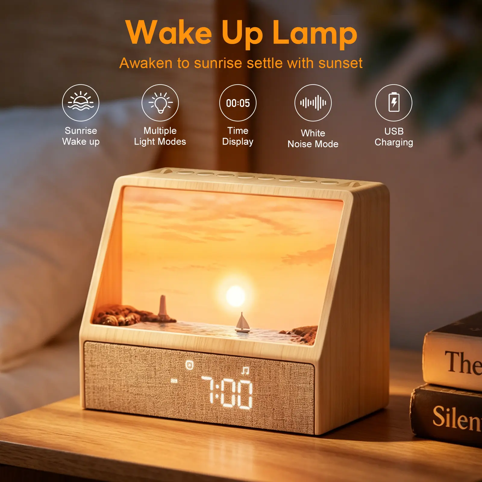 Dynamic Sunrise Alarm Clock, HIFI Speaker White Noise Machine with Bluetooth Music Player, Button & Scroll Wheel Control, Sleep/Snooze Alarm Mode, 10 Nature Scenes, Dimmable Night Light, 45/90 Mins Auto-Off, Home Bedroom Decor for Adults Kids