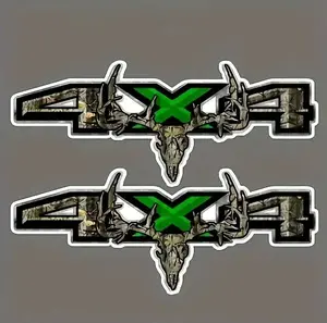 4x4 Off Road Truck Sticker - Camo Deer Skull Vinyl Sticker with Neon Green X - Waterproof Bumper Sticker for Pickup Trucks, Jeeps & 4WD Vehicles