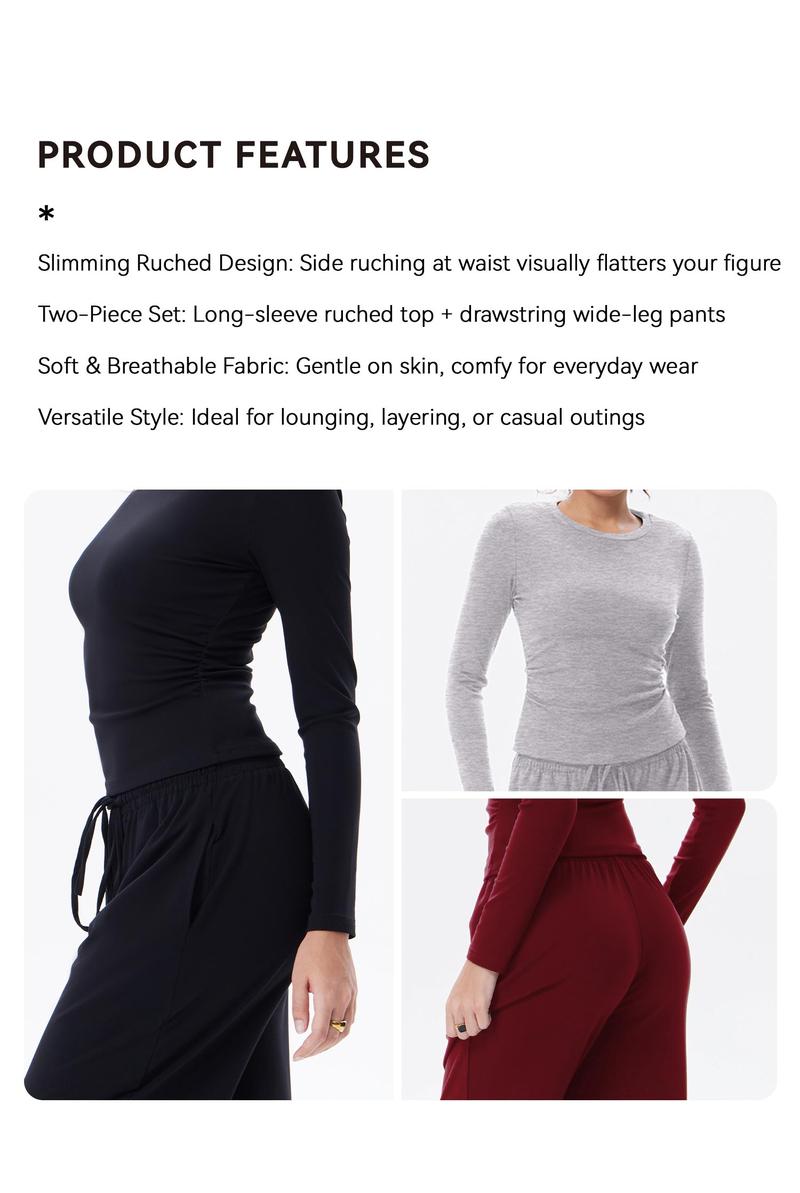 OQQ Women's Two Piece Sets For Women Fall Outfits Lounge Sets Round Neck Long Sleeve Tops Straight Pants Vacation Travel Outfits