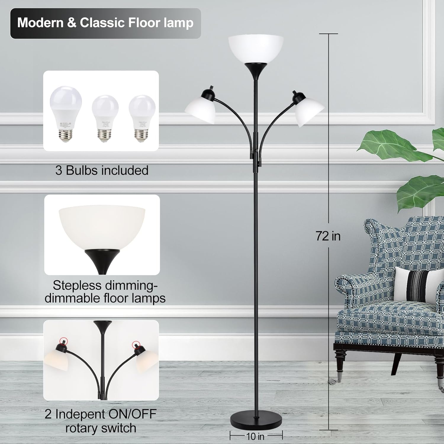 3-Head Dimmable Floor Lamp! Living Room Sofa Ambient Light, Bedroom Standing Reading Lamp, Multi-Head Adjustable Floor Lamp
