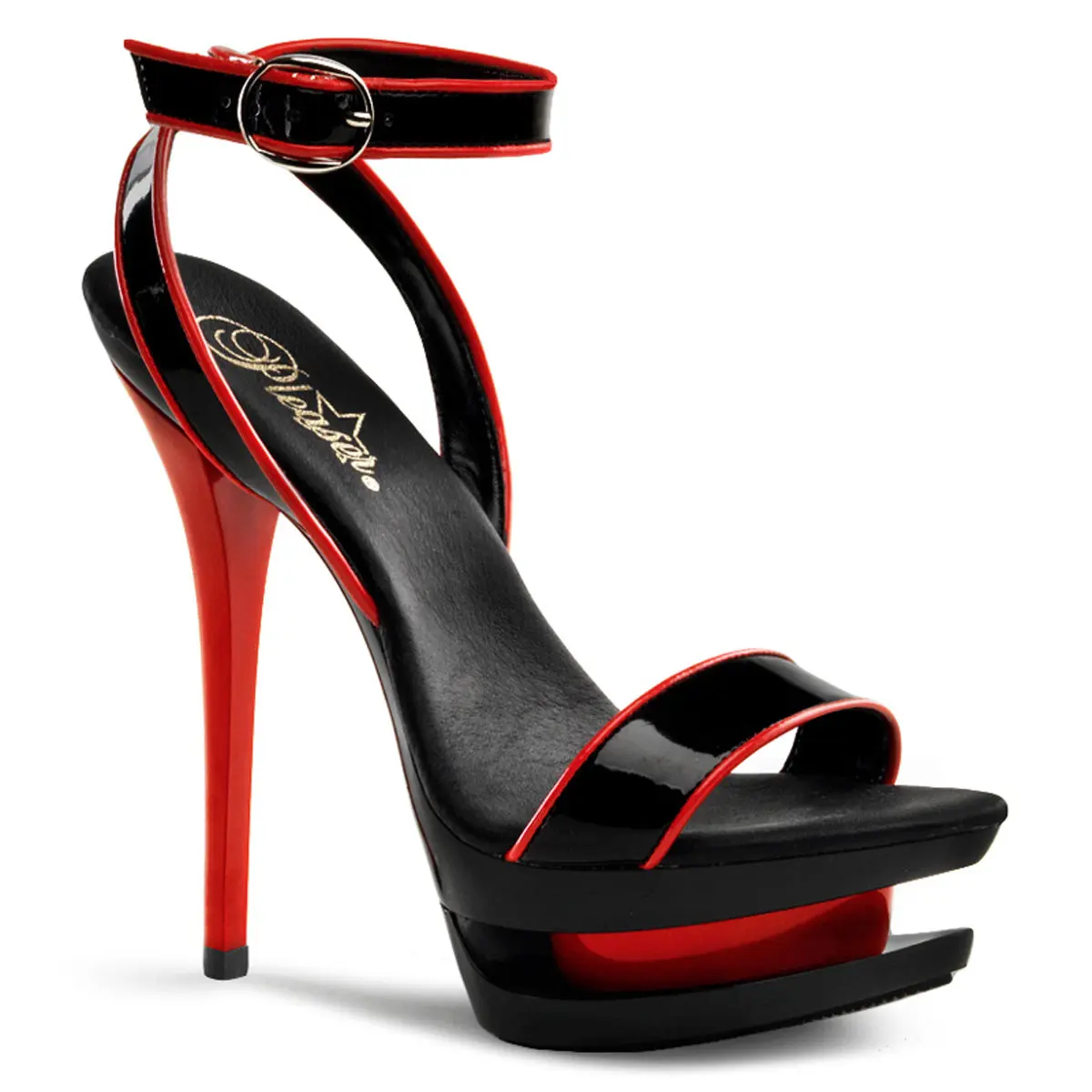 PLEASER BLONDIE-631-2 Women's Colorblock Black-Red Pat Platform Stiletto Sandals, Elegant Party Heels, Clubbing Footwear, Statement Shoes, Dramatic Height, Adjustable Strap, Open Toed Sandals, 6 Inch Heels, Club Wear, Patent Leather, Night-Out, Elegant He