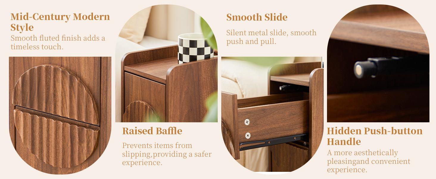 Giratree Slim Mid-Century Modern Nightstand with 2 Drawers, Narrow Fluted Wooden Side Table for Small Spaces, Tall Skinny Bedside Table for Bedroom or Living Room